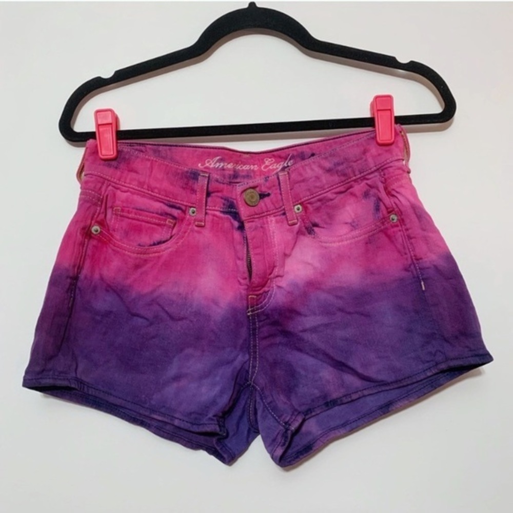 American Eagle Tie Dye Denim Shorts Pink Purple Size 0 Mid Rise Festival